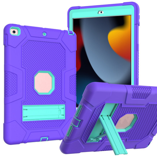 iPad 10.2 2021 / 2020 / 2019 Contrast Color Robot Shockproof Silicone + PC Protective Case with Holder - Purple Mint Green