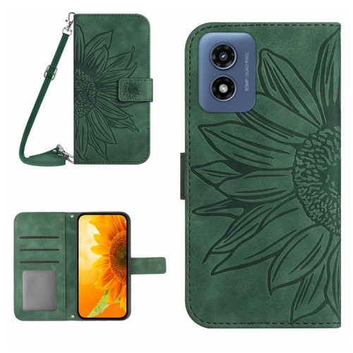 Motorola Moto G Play 2024 HT04 Skin Feel Sun Flower Embossed Flip Leather Phone Case with Lanyard - Green