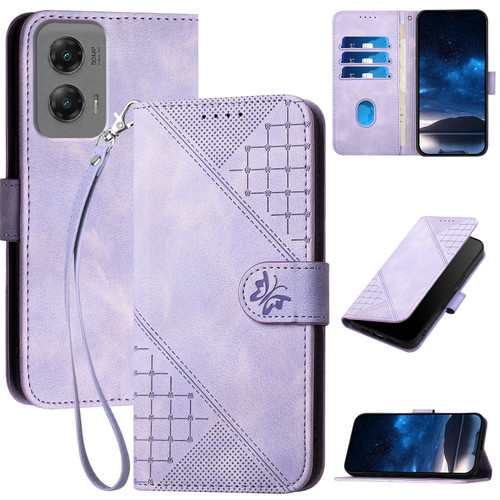 Motorola Moto G Stylus 5G 2024 YX0080 Grid Butterfly Embossed Pattern Flip Leather Phone Case with Lanyard - Light Purple