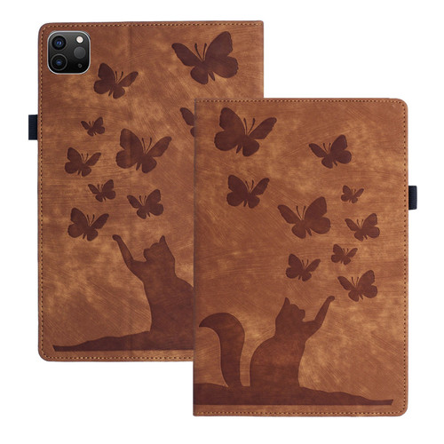 iPad Pro 13 2024 Butterfly Cat Embossing Leather Tablet Case - Brown