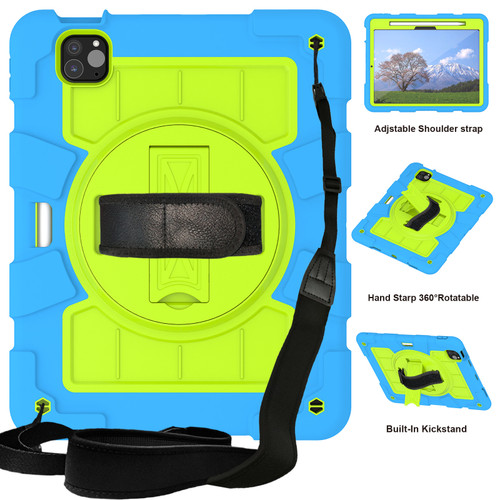 iPad Pro 11 2024 Silicone Hybrid PC Shockproof Tablet Case with Shoulder Strap - Bluish-Green