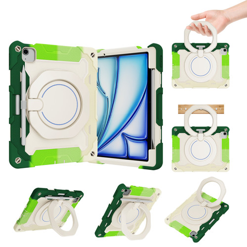 iPad Air 11 2024 Armor Portable Rotating Ring Holder Silicone Tablet Case with Pen Slot - Colorful Green