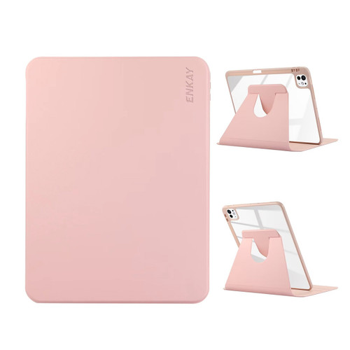 iPad Pro 13 2024 ENKAY 360 Rotation PMMA Leather Smart Tablet Case with Pen Slot - Pink