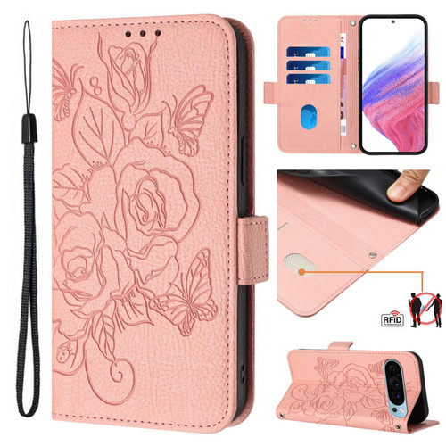 Google Pixel 9 / 9 Pro Embossed Rose RFID Anti-theft Leather Phone Case - Pink