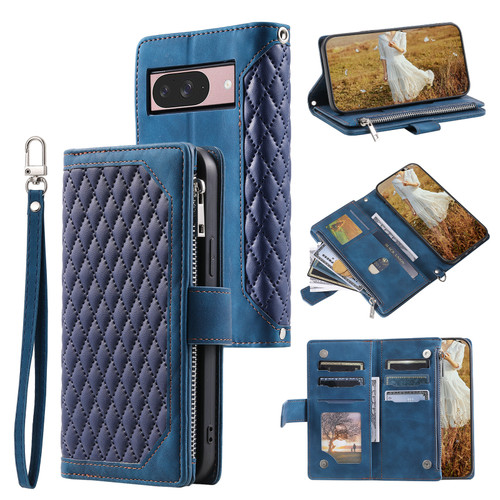 Google Pixel 9 / 9 Pro Grid Texture Zipper Leather Phone Case with Lanyard - Blue