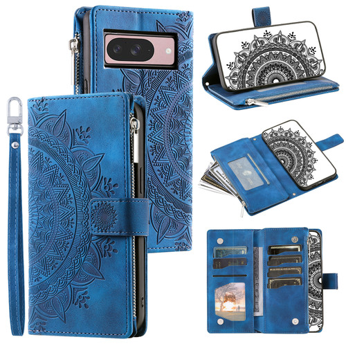 Google Pixel 9 / 9 Pro Multi-Card Totem Zipper Leather Phone Case - Blue