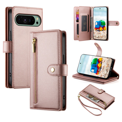 Google Pixel 9 / 9 Pro Nine Card-slot Zipper Wallet Bag Leather Phone Case - Pink