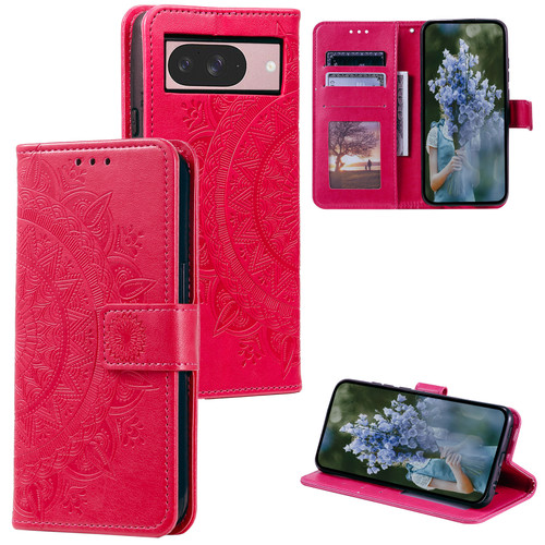 Google Pixel 9 / 9 Pro Totem Flower Embossed Leather Phone Case with Lanyard - Red Google Pixel 9 / 9 Pro Totem Flower Embossed Leather Phone Case with Lanyard - Red