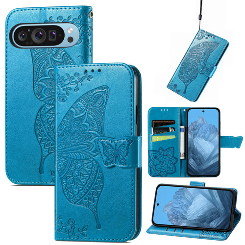 Google Pixel 9 Butterfly Love Flower Embossed Leather Phone Case - Blue