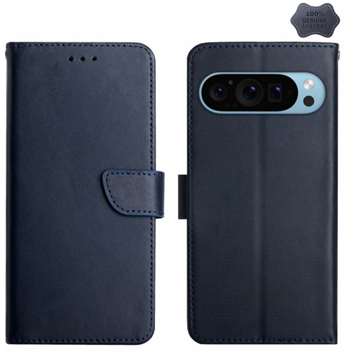 Google Pixel 9 HT02 Genuine Leather Fingerprint-proof Flip Phone Case - Blue