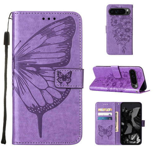 Google Pixel 9 Pro Embossed Butterfly Leather Phone Case - Purple