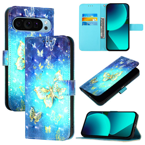 Google Pixel 9 Pro XL 3D Painting Horizontal Flip Leather Phone Case - Golden Butterfly