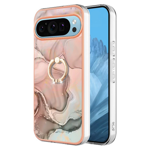 Google Pixel 9 Pro XL Electroplating Marble Dual-side IMD Phone Case with Ring - Rose Gold 015