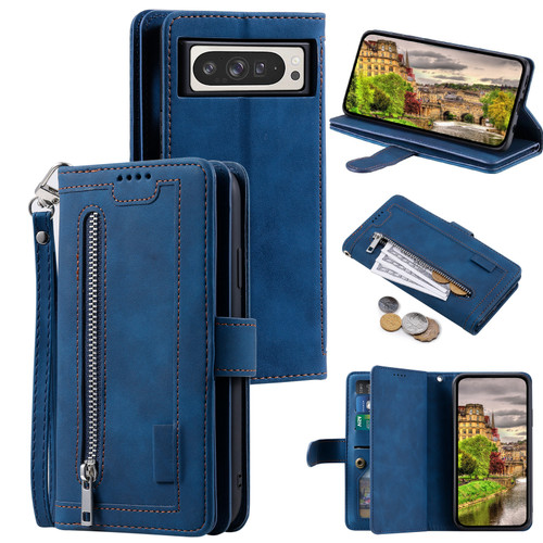 Google Pixel 9 Pro XL Zipper Wallet Bag Horizontal Flip PU Phone Case with 9 Card Slots - Blue