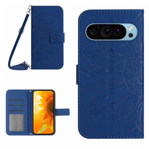 Google Pixel 9 Skin Feel Sun Flower Embossed Flip Leather Phone Case with Lanyard - Dark Blue