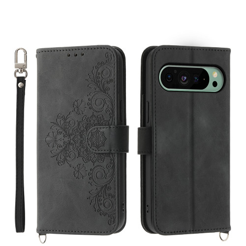 Google Pixel 9 Skin-feel Flowers Embossed Wallet Leather Phone Case - Black