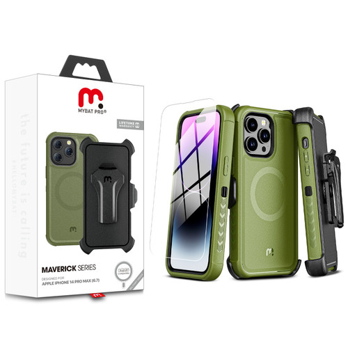 MyBat Pro Antimicrobial Maverick Series w/ MagSafe Case with Holster and Tempered Glass for Apple iPhone 14 Pro Max - Army Green / Black