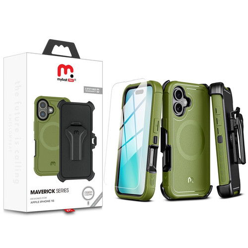 MyBat Pro Antimicrobial Maverick Series w/ MagSafe Case with Holster and Tempered Glass for Apple iPhone 16 - Army Green / Black