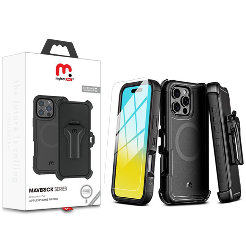MyBat Pro Antimicrobial Maverick Series w/ MagSafe Case with Holster and Tempered Glass for Apple iPhone 16 Pro - Black / Black