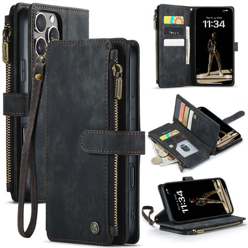 iPhone 16 Pro Max CaseMe C30 Card Slots Zipper Wallet Leather Phone Case - Black