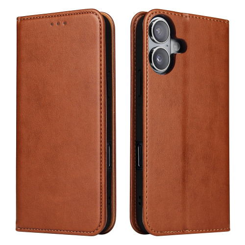 iPhone 16 Plus Fierre Shann PU Genuine Leather Texture Phone Case - Brown