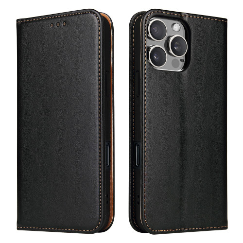 iPhone 16 Pro Max Fierre Shann PU Genuine Leather Texture Phone Case - Black