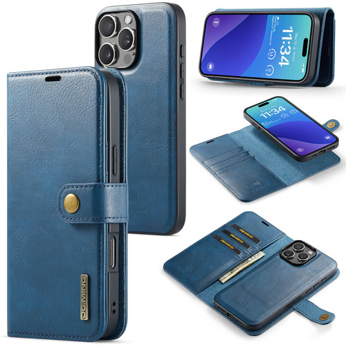 iPhone 16 Pro DG.MING Crazy Horse Texture Detachable Magnetic Leather Phone Case - Blue