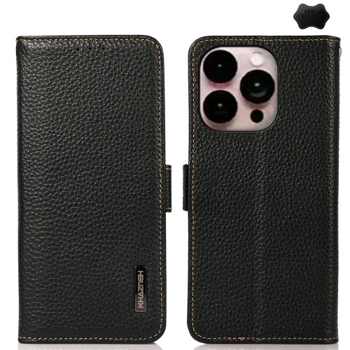 iPhone 16 Pro KHAZNEH Side-Magnetic Litchi Genuine Leather RFID Case - Black