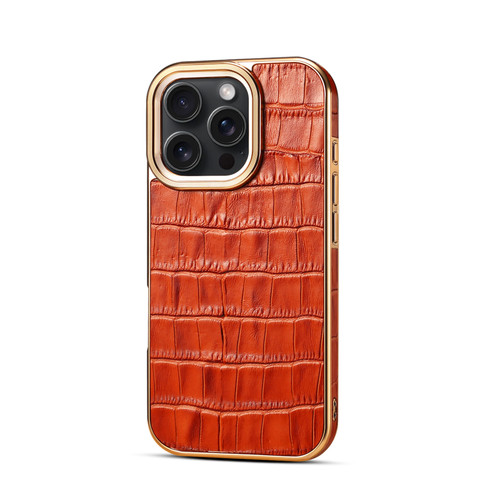 iPhone 16 Pro Denior Crocodile Texture Genuine Leather Electroplating Phone Case - Mocha Brown