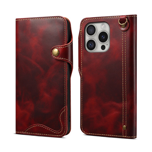 iPhone 16 Pro Max Denior B01 Oil Wax Cowhide Magnetic Button Genuine Leather Case - Red