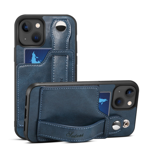 iPhone 15 SUTENI H12 Wrist Strap Leather Back Phone Case with Card Slot - Blue iPhone 15 SUTENI H12 Wrist Strap Leather Back Phone Case with Card Slot - Blue