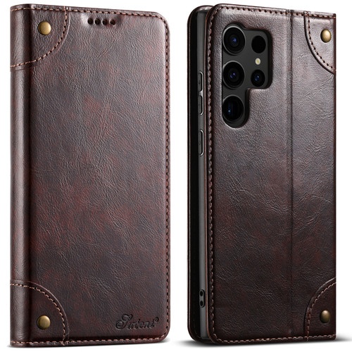 Samsung Galaxy S23 Ultra 5G Suteni Baroque Calf Texture Buckle Wallet Leather Phone Case - Brown