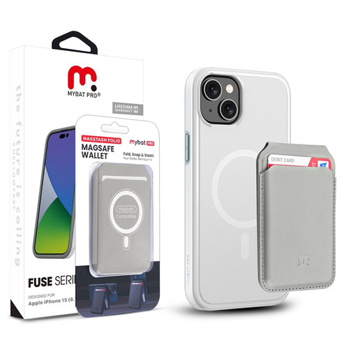 MyBat Pro Fuse Series Case Bundle + MagStash Wallet Folio for Apple iPhone 15 - White / Gray