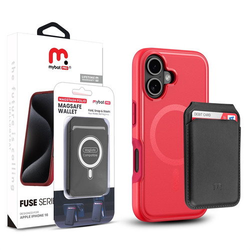 MyBat Pro Fuse Series Case Bundle + MagStash Wallet Folio for Apple iPhone 16 - Red / Black