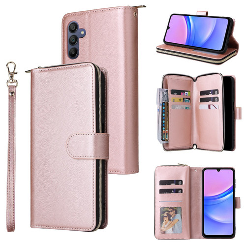 Samsung Galaxy A16 5G 9-Card Slots Zipper Wallet Bag Leather Phone Case - Rose Gold