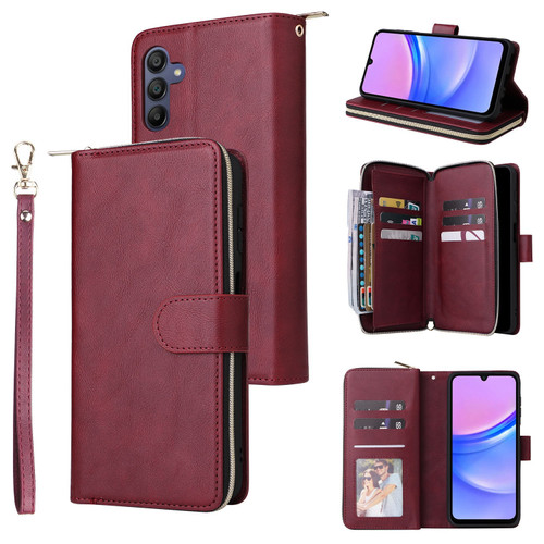 Samsung Galaxy A16 5G 9-Card Slots Zipper Wallet Bag Leather Phone Case - Wine Red