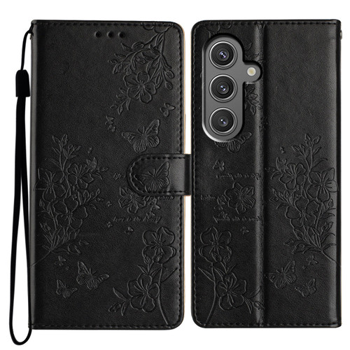 Samsung Galaxy A16 5G Butterflies and Flowers Leather Phone Case - Black