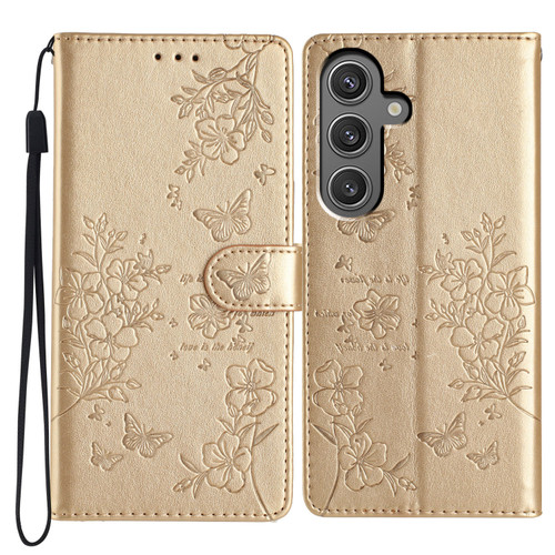 Samsung Galaxy A16 5G Butterflies and Flowers Leather Phone Case - Gold