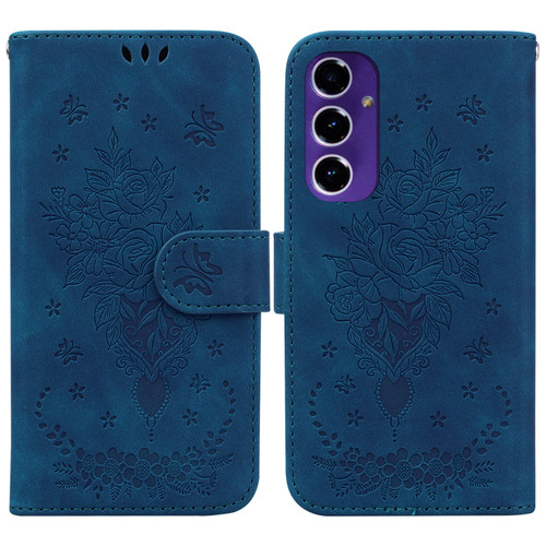 Samsung Galaxy A16 5G Butterfly Rose Embossed Leather Phone Case - Blue