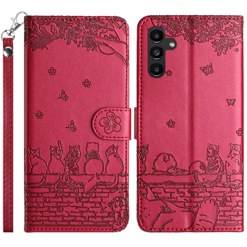 Samsung Galaxy A16 5G Cat Embossing Pattern Leather Phone Case with Lanyard - Red