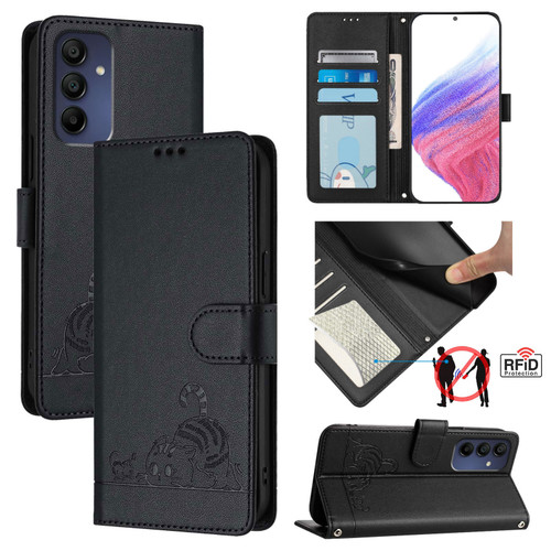 Samsung Galaxy A16 5G Cat Rat Embossed Pattern RFID Leather Phone Case with Lanyard - Black