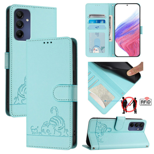 Samsung Galaxy A16 5G Cat Rat Embossed Pattern RFID Leather Phone Case with Lanyard - Mint Green