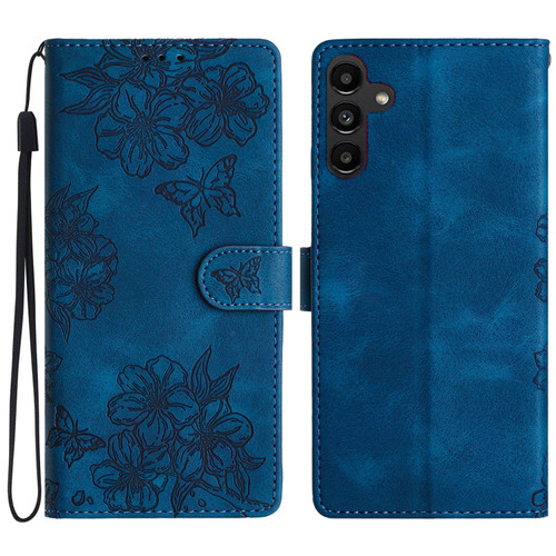 Samsung Galaxy A16 5G Cherry Blossom Butterfly Skin Feel Embossed PU Phone Case - Blue