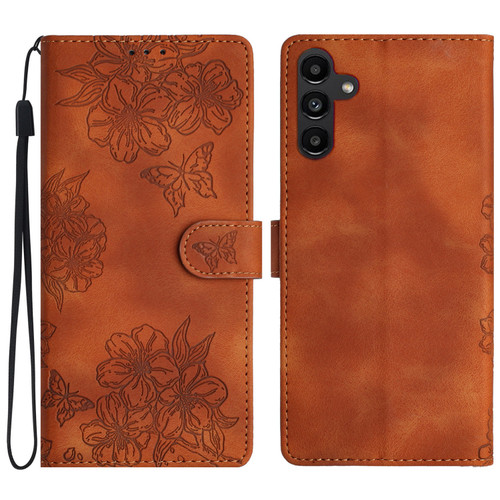 Samsung Galaxy A16 5G Cherry Blossom Butterfly Skin Feel Embossed PU Phone Case - Brown