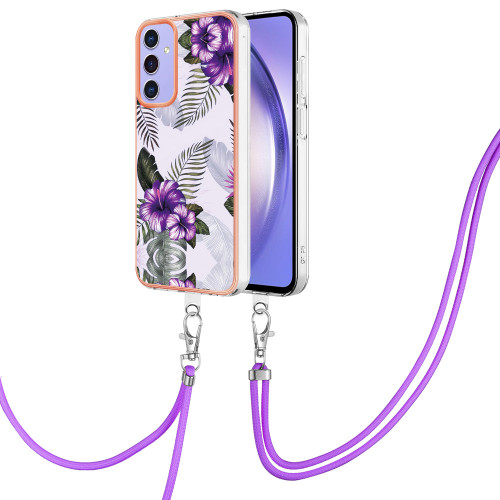 Samsung Galaxy A16 5G Electroplating Pattern IMD TPU Shockproof Case with Neck Lanyard - Purple Flower
