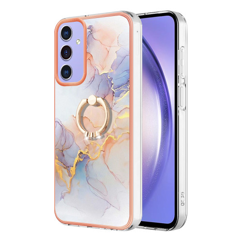 Samsung Galaxy A16 5G Electroplating Pattern IMD TPU Shockproof Case with Rhinestone Ring Holder - Milky Way White Marble