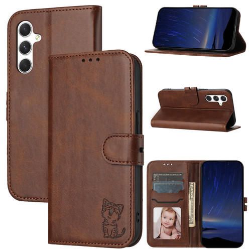 Samsung Galaxy A16 5G Global Embossed Happy Cat Pattern Flip Leather Phone Case - Brown