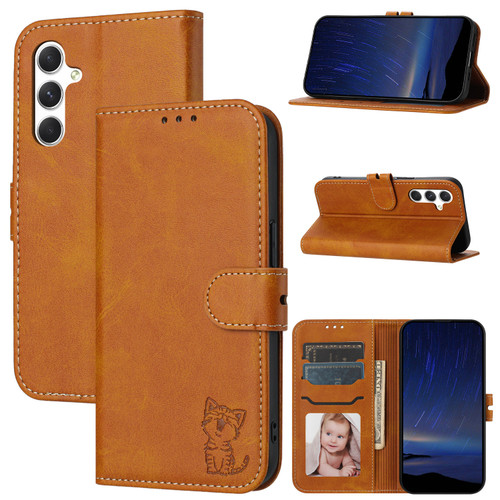 Samsung Galaxy A16 5G Global Embossed Happy Cat Pattern Flip Leather Phone Case - Yellow