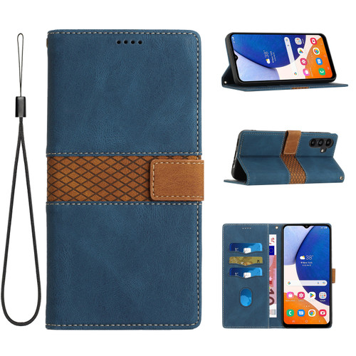 Samsung Galaxy A16 5G Grid Stitching Leather Phone Case with Lanyard - Blue