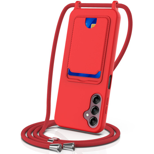 Samsung Galaxy A16 5G Integrated Card Bag Solid Color Liquid Silicone Phone Case with Lanyard - Red